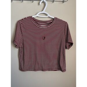 Dazy Striped Heart Cut Out Ribbed Short Sleeve Crop Top Burgundy White‎ Medium